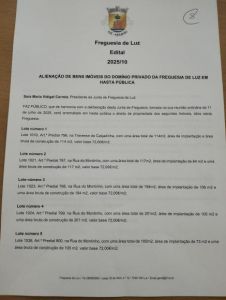 Edital 2025/10 - Alienação de Bens Imóveis do Domínio Privado da Freguesia de Luz em Hasta Pública