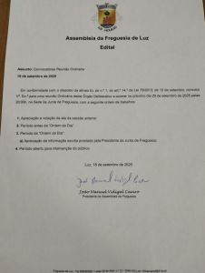 Assembleia de Freguesia -  Edital  da Convocatória da Reunião Ordinária