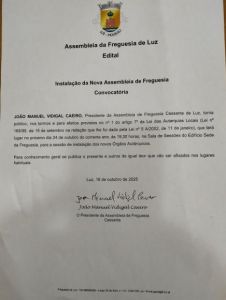 Edital - Instala&ccedil;&atilde;o da Nova Assembleia de Freguesia de Luz - Convocat&oacute;ria