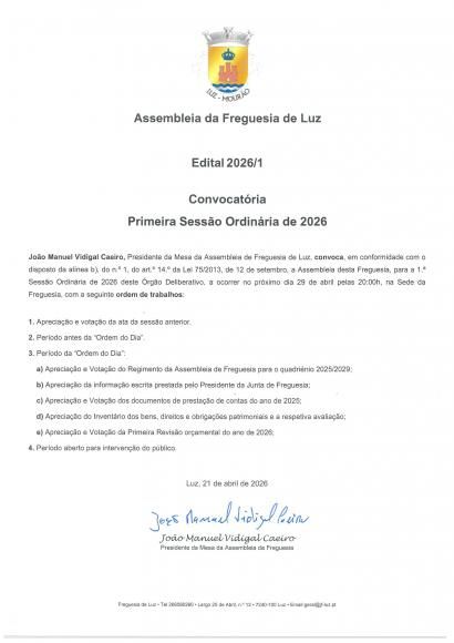 Edital 2026/1 - Convocat&oacute;ria Primeira Sess&atilde;o Ordin&aacute;ria de 2026 da Assembleia de Freguesia de Luz