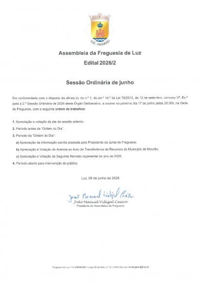 Sess&atilde;o Ordin&aacute;ria de junho de 2026 da Assembleia de Freguesia